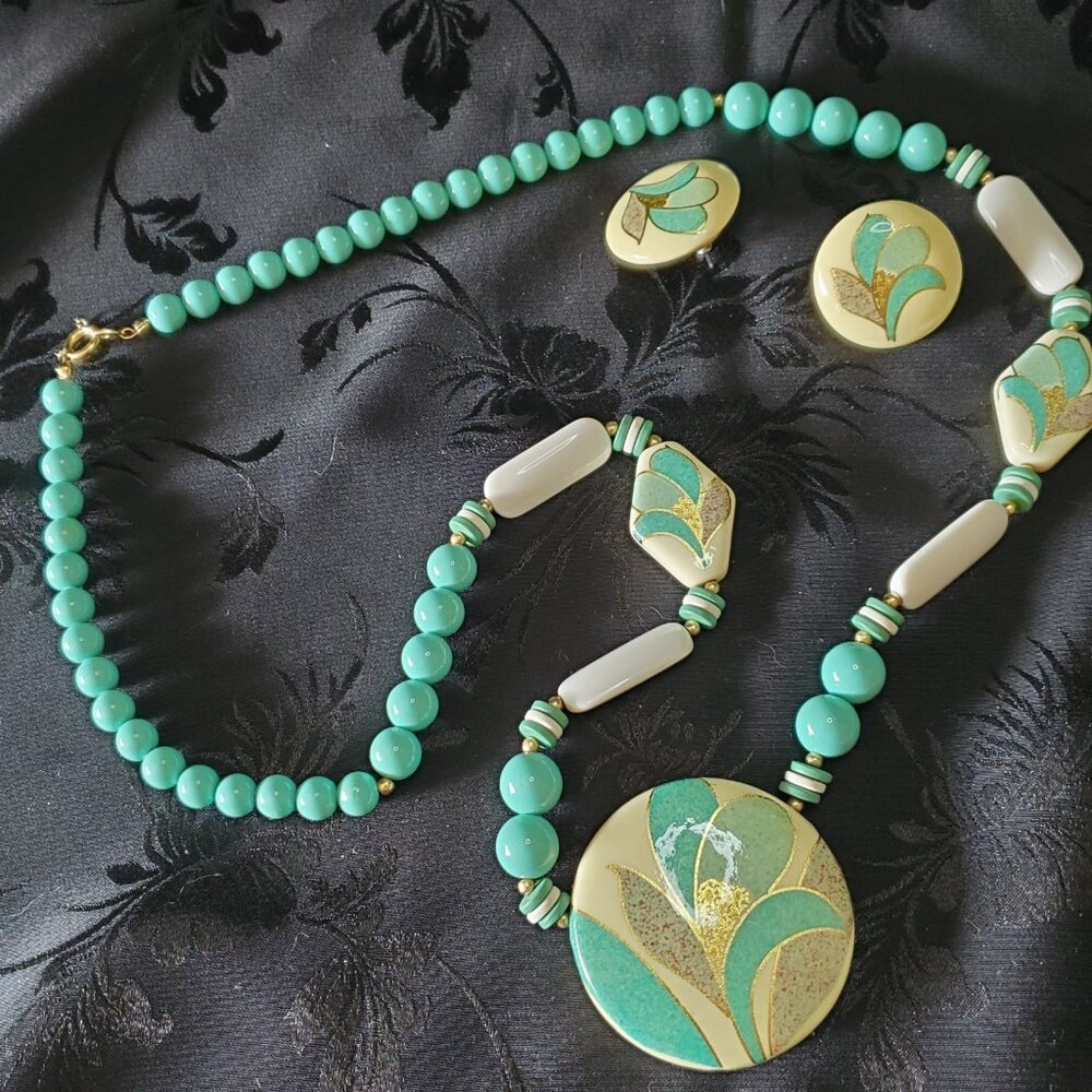 Beaded Necklace Pierced Earring Set Vintage 30" Chunky Floral Aqua Blue Long